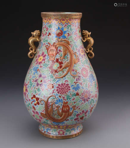 Chinese Republic Styled Famille Rose Zun Vase Painted with Hundred of Flowers and Dragons Marked 