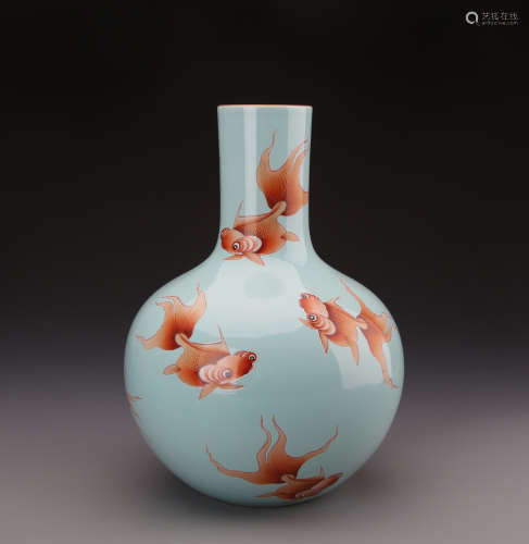 Chinese Sky Blue Glazed Vase Painted with Gold Fish Marked 