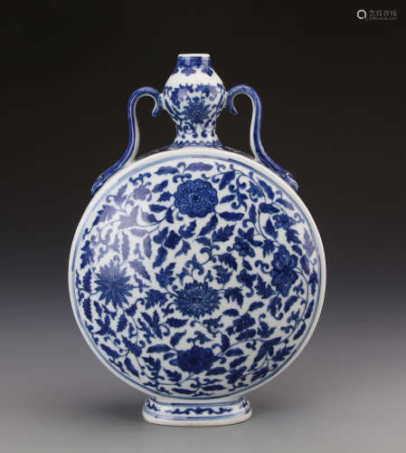 Chinese Blue and White Moon Flask Vase Painted with Twine Flowers Marked 