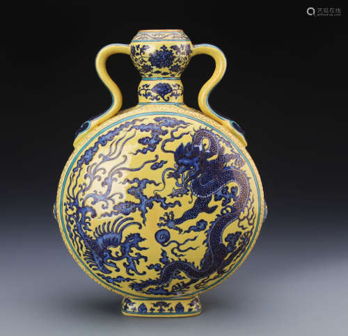 Chinese Yellow Glazed with Blue and White Moon Flask Vase Painted with Dragon and Phoenix Marked 