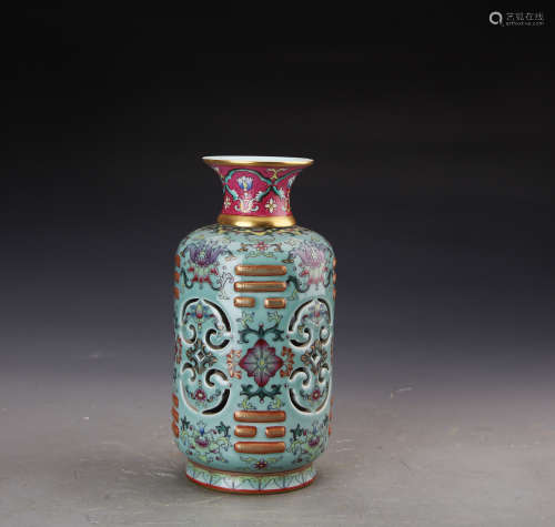 Chinese Famille Rose Vase Painted with Twine Lotus Marked 