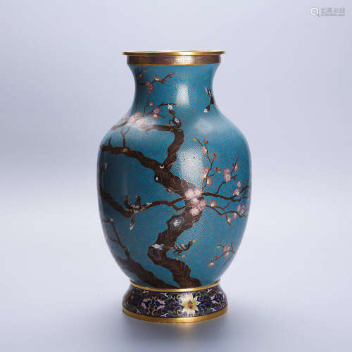 Chinese Cloisonn Enameled Vase Painted with Birds and Flowers Marked 