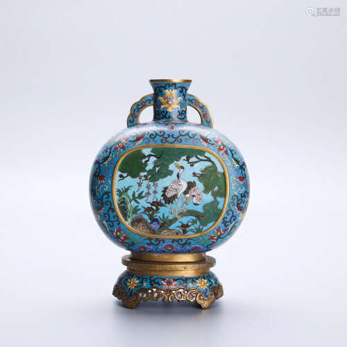 Chinese Cloisonn Enameled Vase with Handles Painted with Crane and Pine Tree Marked 