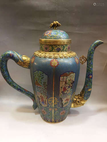 Chinese Qing Styled Cloisonn Enameled Winepot Painted with Ladies and Twine Flowers W:42cm H:48cm