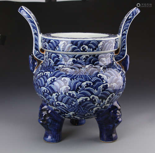 Chinese Blue and White Censer Painted with Ocean Waves Marked 