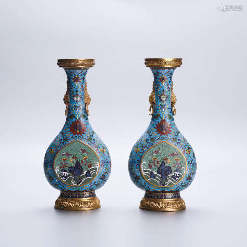 Pair of Chinese Cloisonne Enameled Vase Painted with Bats， Ocean and Mountains Marked 
