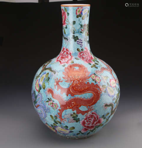 Chinese Famille Rose Vase Painted with Dragons and Flowers Marked 