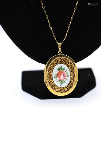 18K RGB Gold Queen Victoria Styled Necklace Painted With Flowers L:28cm ( with pendant)
