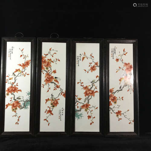 Set of Foure Chinese Famille Rose Hanging Panels Painted with Plants and Insects Marked 