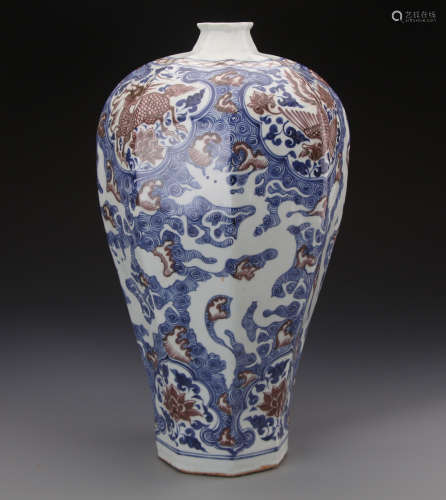 Chinese Yuan Styled Blue and White With Iron Red Glazed Meiping Vase Painted with Kylin and Flowers W:24cm H:47cm