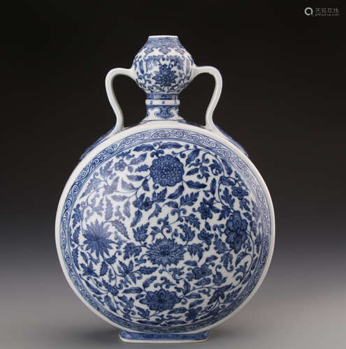 Chinese Blue and White Moon Flask Vase Painted with Twine Flowers Marked 