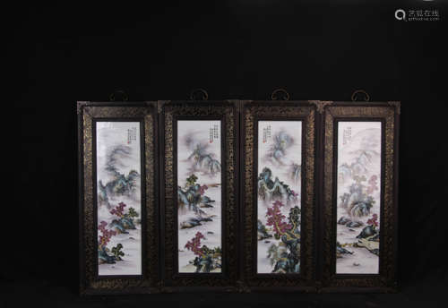 Set of Four Chinese Famille Rose Hanging Panel with Wood Frame Patined with Landscape Marked 