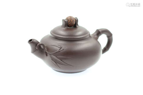 Chinese Yixing Glay Teapot Carved with Bamboo Marked 