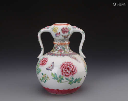 Chinese Famille Rose Zun Vase Painted with Butterfly and Flowers Marked 