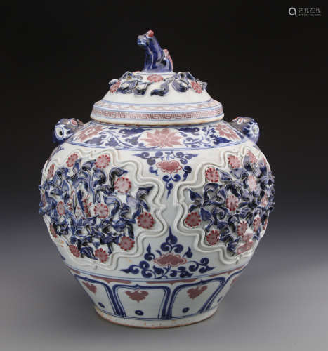 Chinese Yuan Styled Blue and White Jar Carved with Flowers W:36cm H:46cm