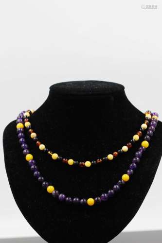 Tri-colored Amber necklace/ Purple Crystal and Amber Necklace