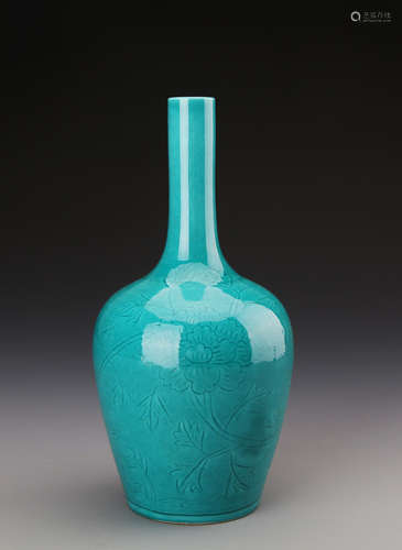 Chinese Green Glazed Vase Carved with Flowers Marked 