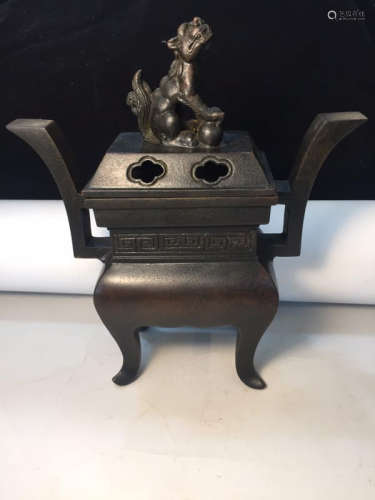 Chinese Bronze Censer with Kylin Cover Marked 