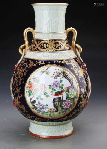 Chinese Famille Rose Zun Vase Painted with Birds and Flowers Marked 