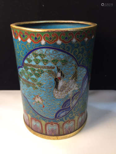 Chinese Cloisonn Enameled Brushpot Painted with Crane and Pine Tree Marked 