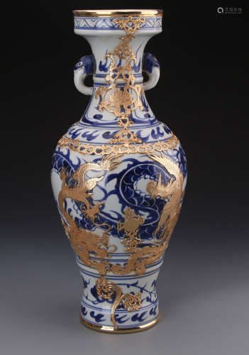 Chinese Yuan Styled Inlaid Blue and White Vase Painted with Dragon and Phoenix W:19cm H:46cm