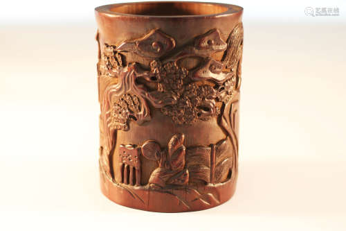 Chinese Qing Styled Bamboo Brushpot Carved with Figures and Pine Tree(aged cracks) W:13cm H:18.5cm
