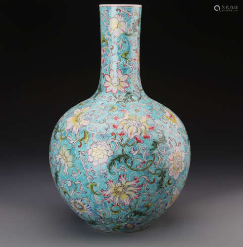 Chinese Famille Rose Vase Painted with Flowers Marked 