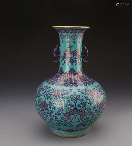 Chinese Blue Glazed Vase Painted with Flowers and The Eight Treasures Marked 