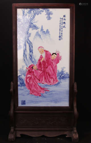 Chinese Blue and white with Famille Rose Panel Painted with Three Immortals Marked 
