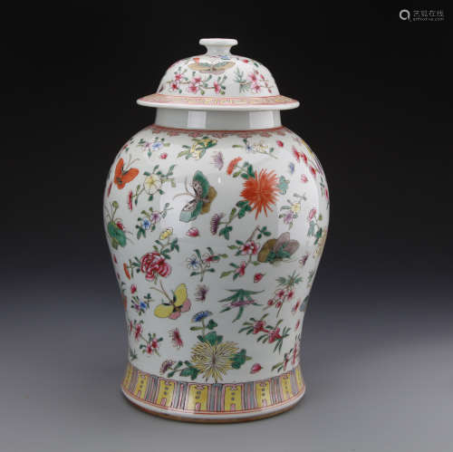 Chinese Famille Rose Jar Painted with Flowers and Butterfly Marked 
