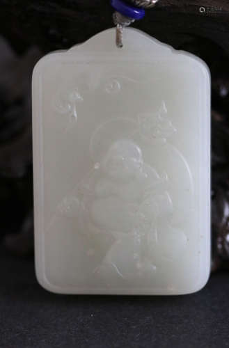 Hetian Jade Pendant Carved with Buddha and Bats(26g)W:3cm H:4.5cm