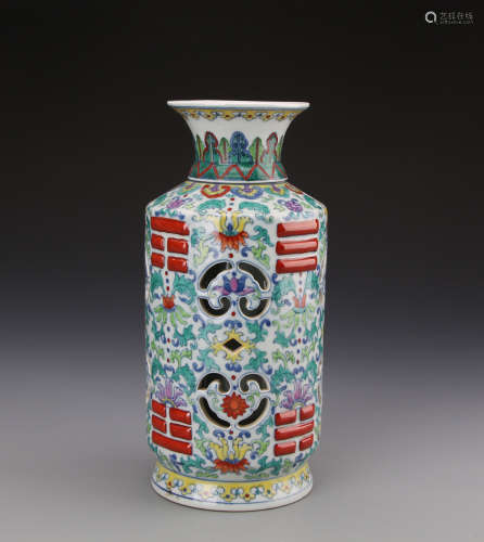 Chinese Dou Glazed Revolving Vase Painted with Bats and Twine Lotus Marked 