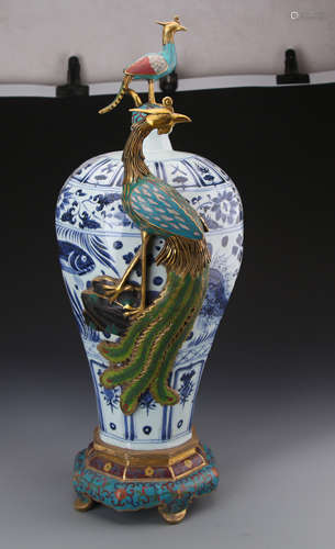 Chinese Yuan Styled Cloisonne Enameled Inlaid with Blue and White Meiping Vase Painted with Gold Fishes W:29cm H:68cm