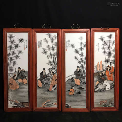 Set of Four Chinese Famille Rose Hanging Panels with Hardwood Frame Painted with Figures Marked 