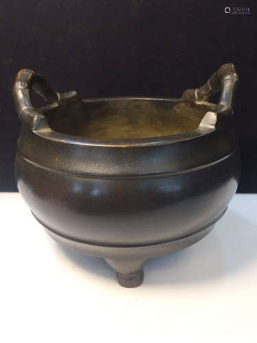 Chinese Bronze Censer with Bamboo Shaped Handles Marked 