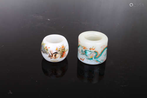 Set of Two Chinease Republic Styled Peking Glass Thumb Ring Painted with Dragons W:3cm H:3cm
