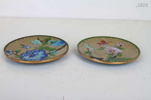 Pair of Chinese Late 1950's Cloisonn Enameled Dishes Painted with Flowers and Birds W:15cm