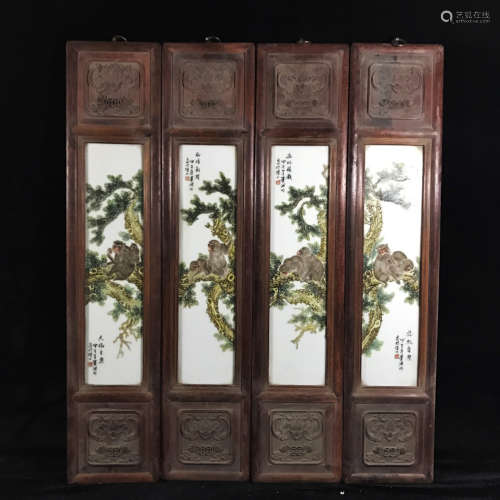 Set of Four Chinese Famille Rose Hanging Panels with Hardwood Frame Painted with Monkey and Pine Tree Marked 