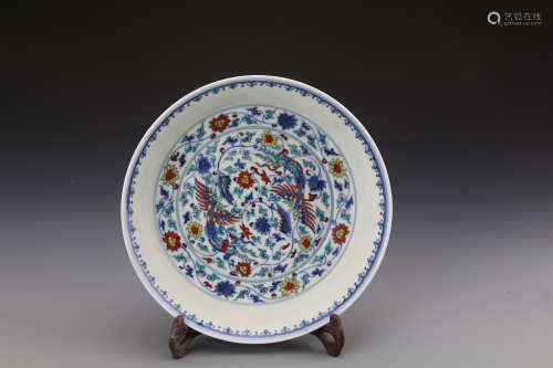 Chinese Dou Glazed Plate Painted with Twine Flowers and Phoenix Marked 