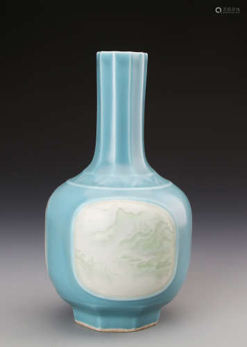 Chinese Celadon Glazed Vase Painted with Landscape Marked 
