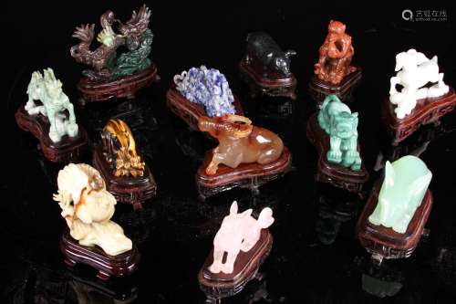 Set of Twelve Chinese Agate and Gems Carved Zodiac