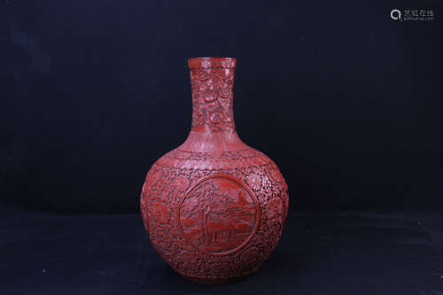 Chinese Red Glazed Vase Carved with Landscape and Flowers Marked 