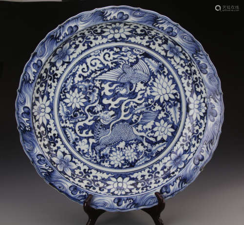 Chinese Yuan Styled Blue and White Charger Painted with Kylin and Phoenix W:49cm