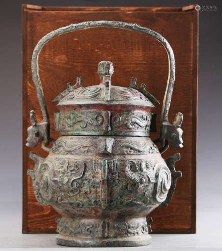 Chinese Zhou Styled Bronze Wine Container Carved with Taotie