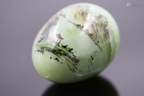 Chinese Spinach Jade Painted with Landscape W:3cm H:6cm