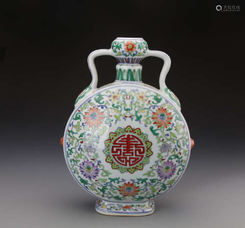 Chinese Dou Glazed Moon Flask Vase Painted with Twine Pattern and Bats Marked 
