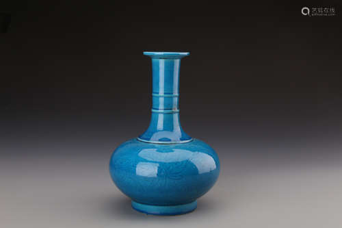 Chinese Blue Glazed Vase Carved with Flowers Marked 