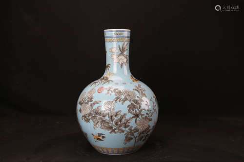 Chinese Qing Styled Famille Rose Vase Painted with Flowers and Birds Marked 