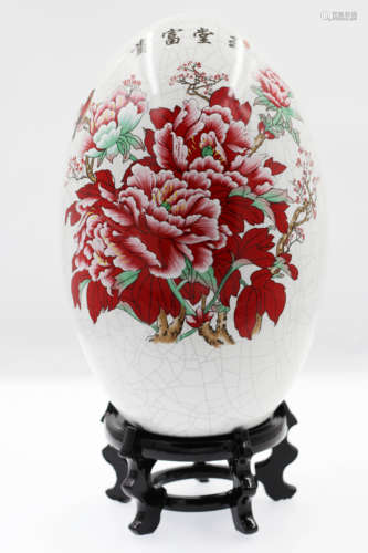 Chinese Famillie Rose Egg Shaped Porcelain ornament Painted with flowers and birds W:15cm H:27cm ( measured without stand)