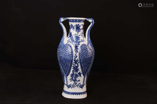 Chinese Blue and White Zun Vase With Crane Shaped Handles Painted with Dragons Marked 